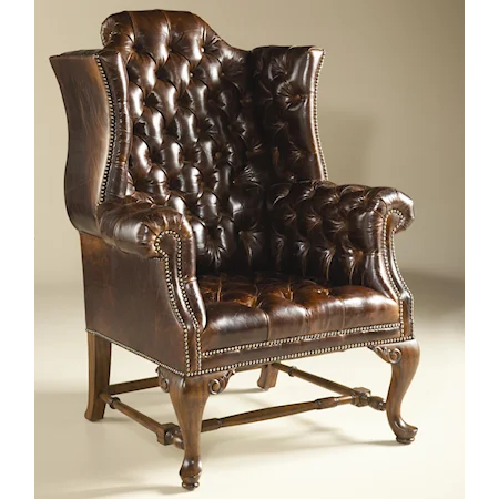 Napoleon Brown Finished Occasional Wing Chair w/ Tufted Dragon Croc Leather Upholstery